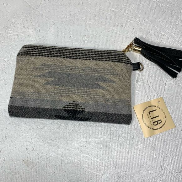 Aztec Print Wristlet Tassel & Strap Tan Brown Southwestern Style by LIB New York - Picture 3 of 7